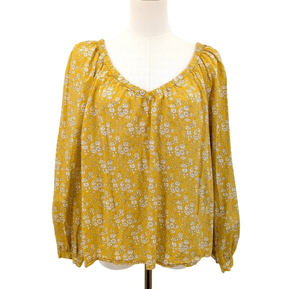 J.Crew Liberty Fabric Yellow Floral Peasant Blouse Open Back‎ Tie Boho XL